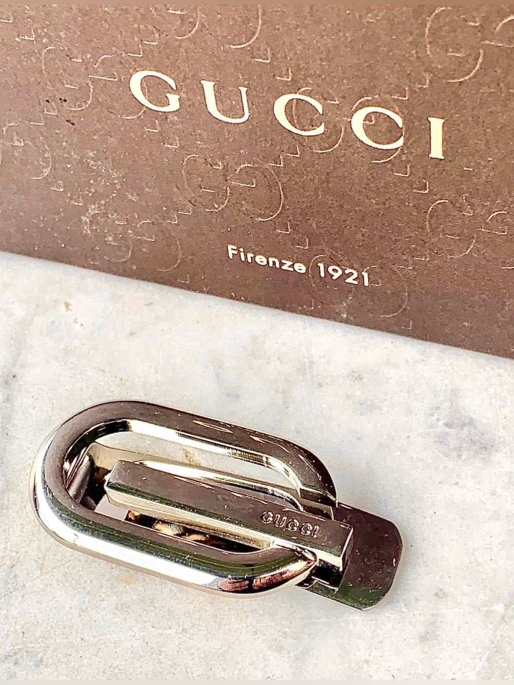 GUCCI-G MOTIF METAL SILVER Logo MONEY BILL CLIP VINTAGE ITALY Y2K MENS LUXURY